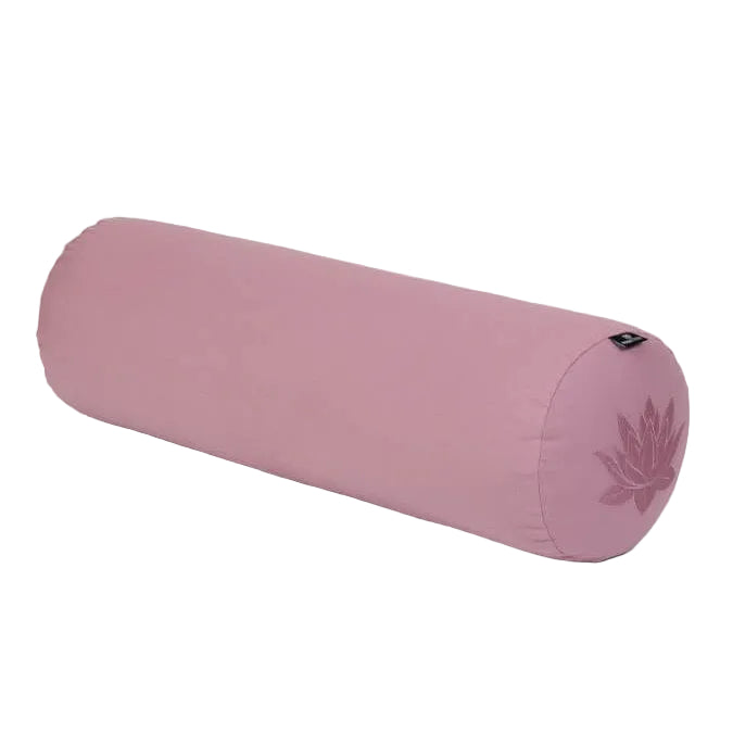 Pink yoga bolster with a brand logo on a light gray background