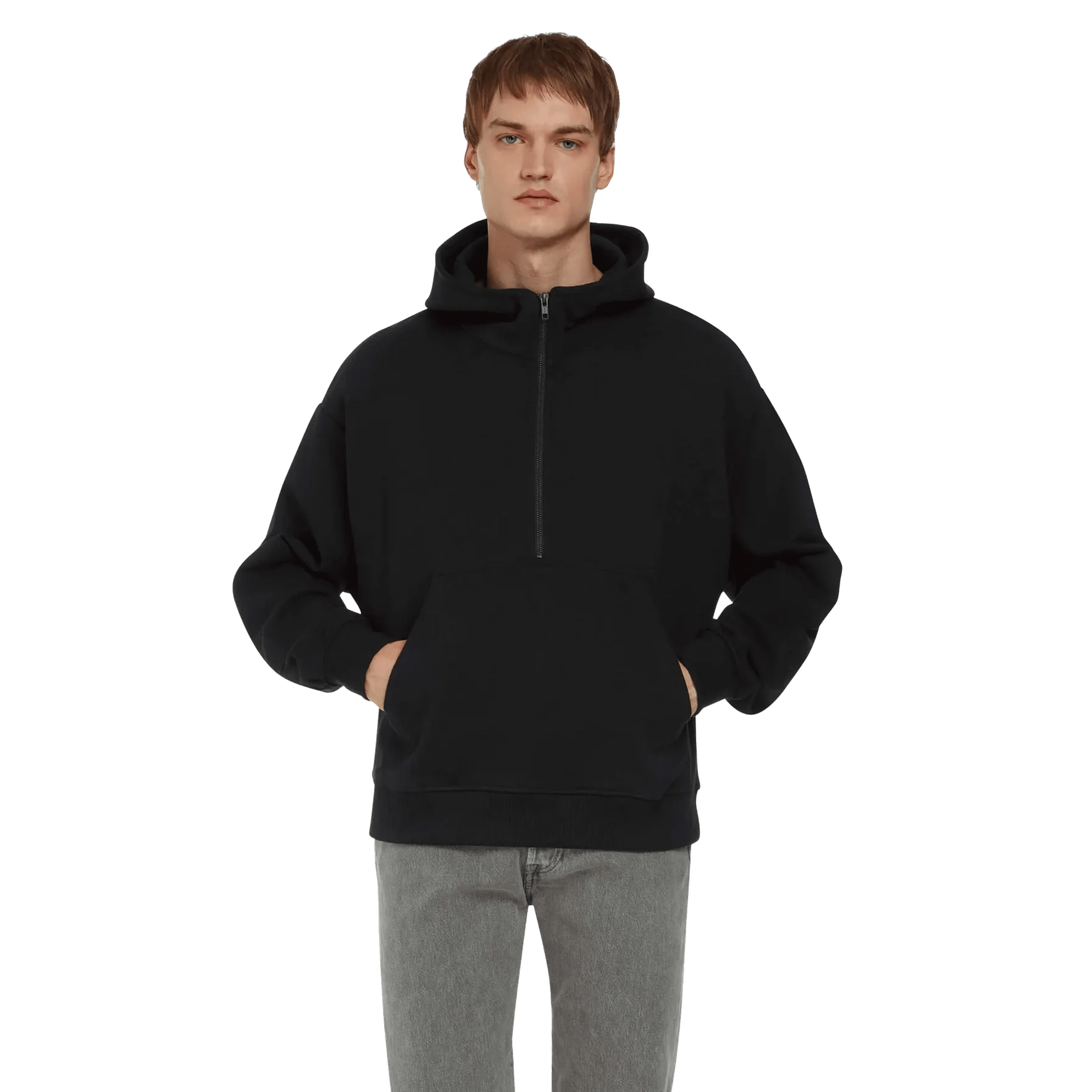 Person wearing a black hoodie on a transparent background