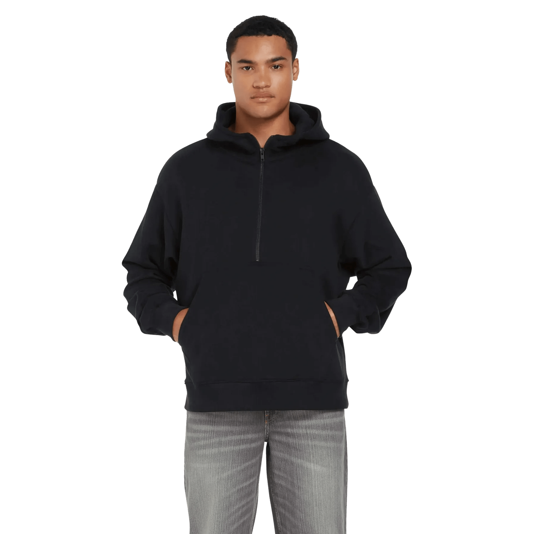 Person wearing a black hoodie on a transparent background