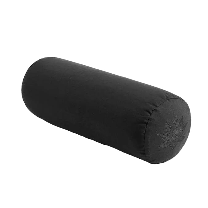 Black cylindrical pillow on a light gray background