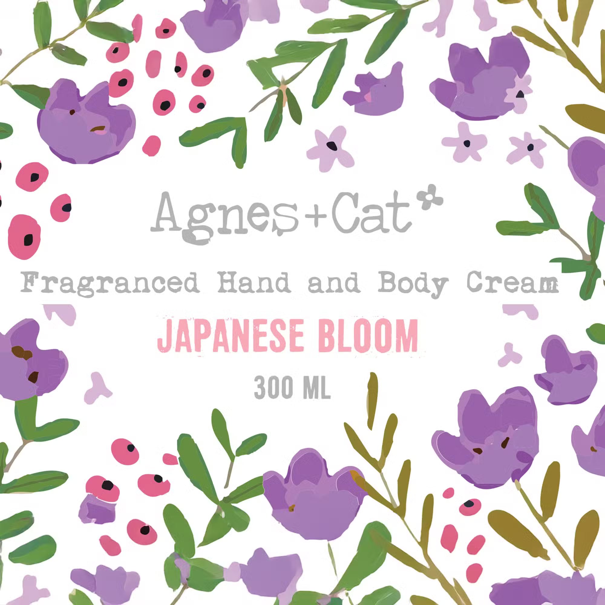 Fragranced hand and body cream packaging with floral design and 'Agnes + Cat' branding.