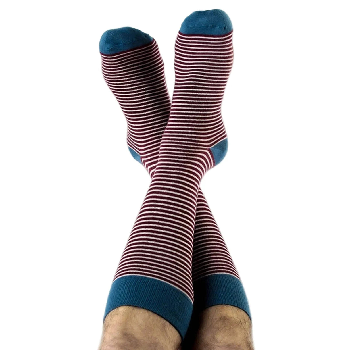 Striped socks with blue toes and cuffs on a white background