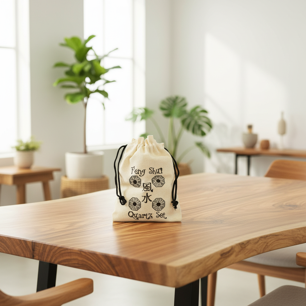 Drawstring bag with text on a wooden table in a bright room with plants
