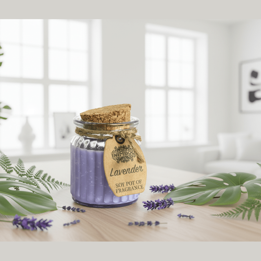 Jar of lavender candle with decorative elements on a wooden surface