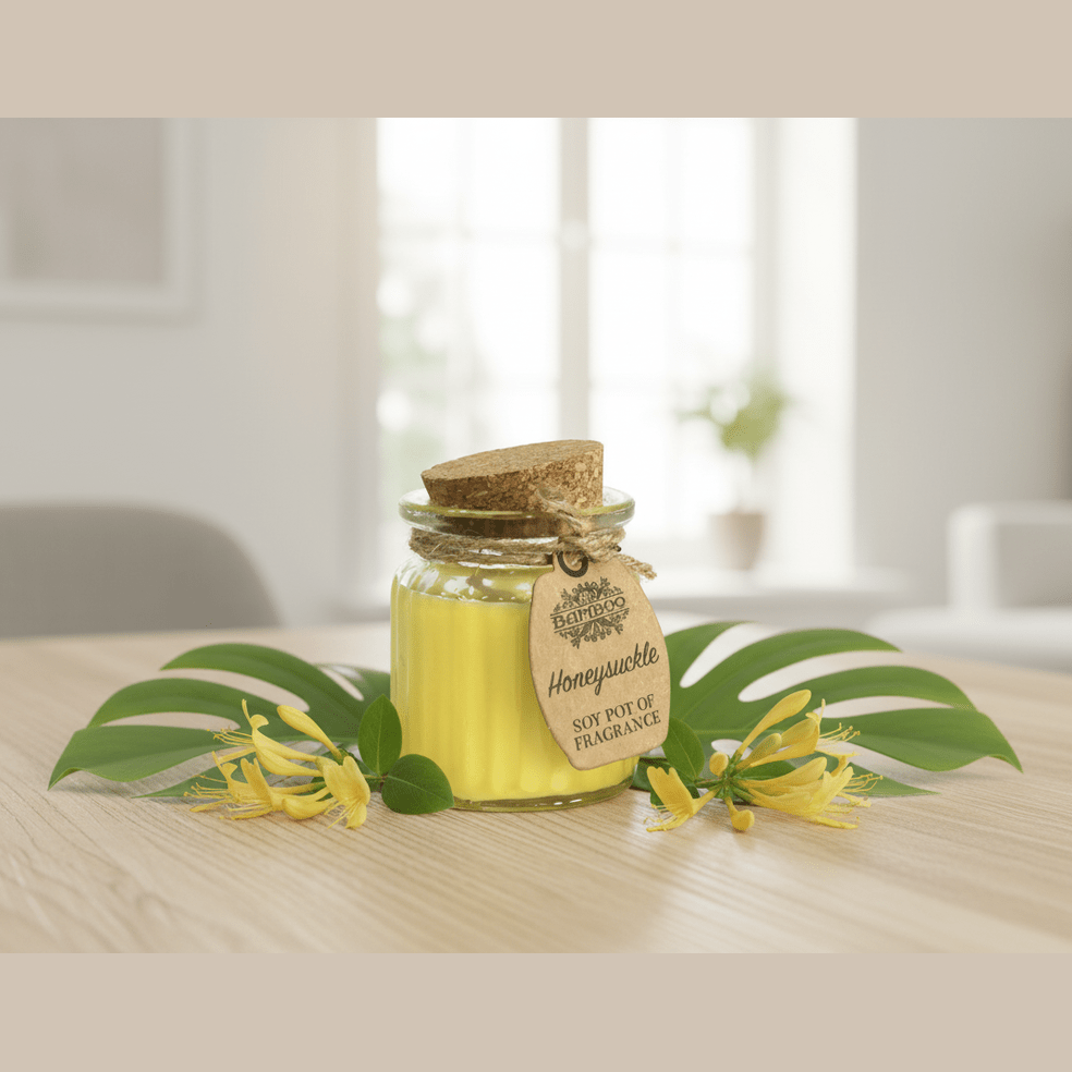Jar candle with a tag on a table with leaves and flowers