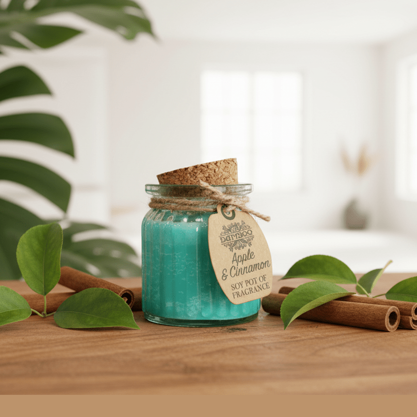 Turquoise candle in a glass jar with a cork lid on a wooden surface, surrounded by cinnamon sticks and leaves.