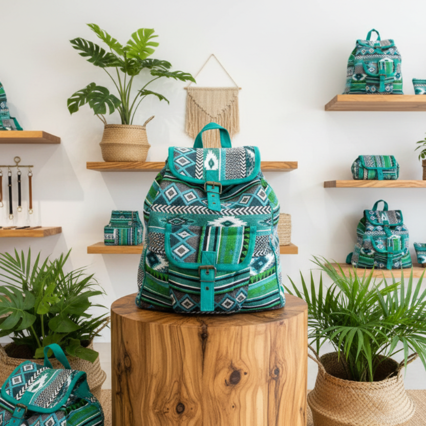 Teal patterned backpack on a wooden stool with shelves in the background displaying more bags and plants.