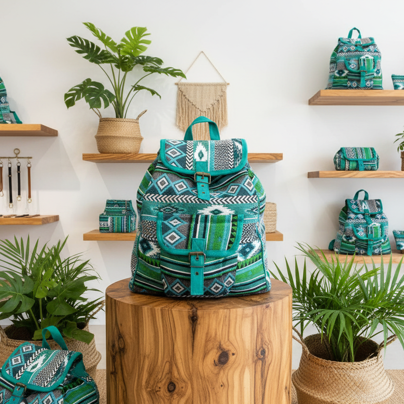 Green patterned bags displayed on wooden shelves with plants in the background