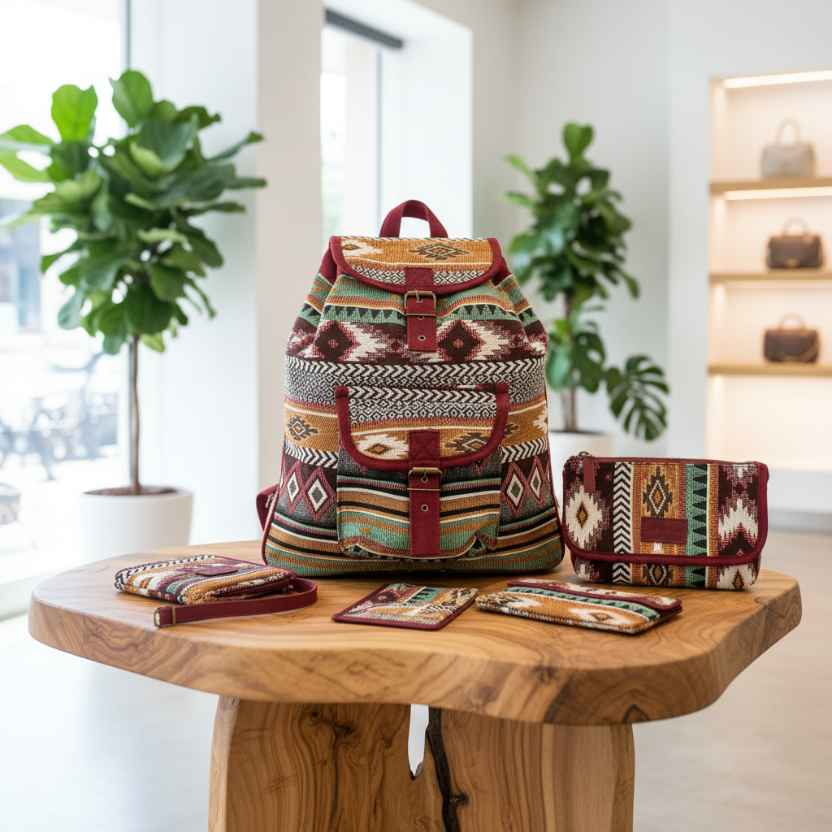 Colorful patterned backpack and pouch on a wooden table with plants in the background