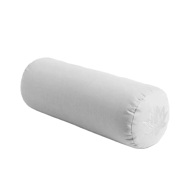 Gray cylindrical pillow on a light gray background