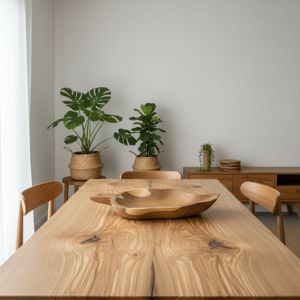 A light natural wood bowl with a carved leaf-like shape sits on a matching light wood dining table in a bright, modern room with wooden chairs and potted plants.