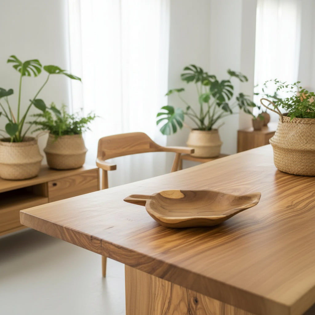 A leaf-shaped wooden bowl with a small handle, displayed on a light oak dining table in a bright, modern room with potted plants and a wooden chair.