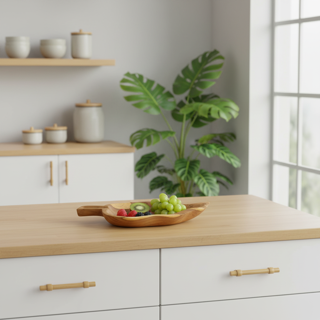 A light natural wood serving board with a handle, holding green grapes, kiwi, and berries, set on a white kitchen island with a light wood countertop in a bright, modern kitchen.