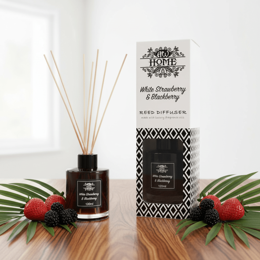 Reed diffuser with packaging and decorative elements on a wooden surface