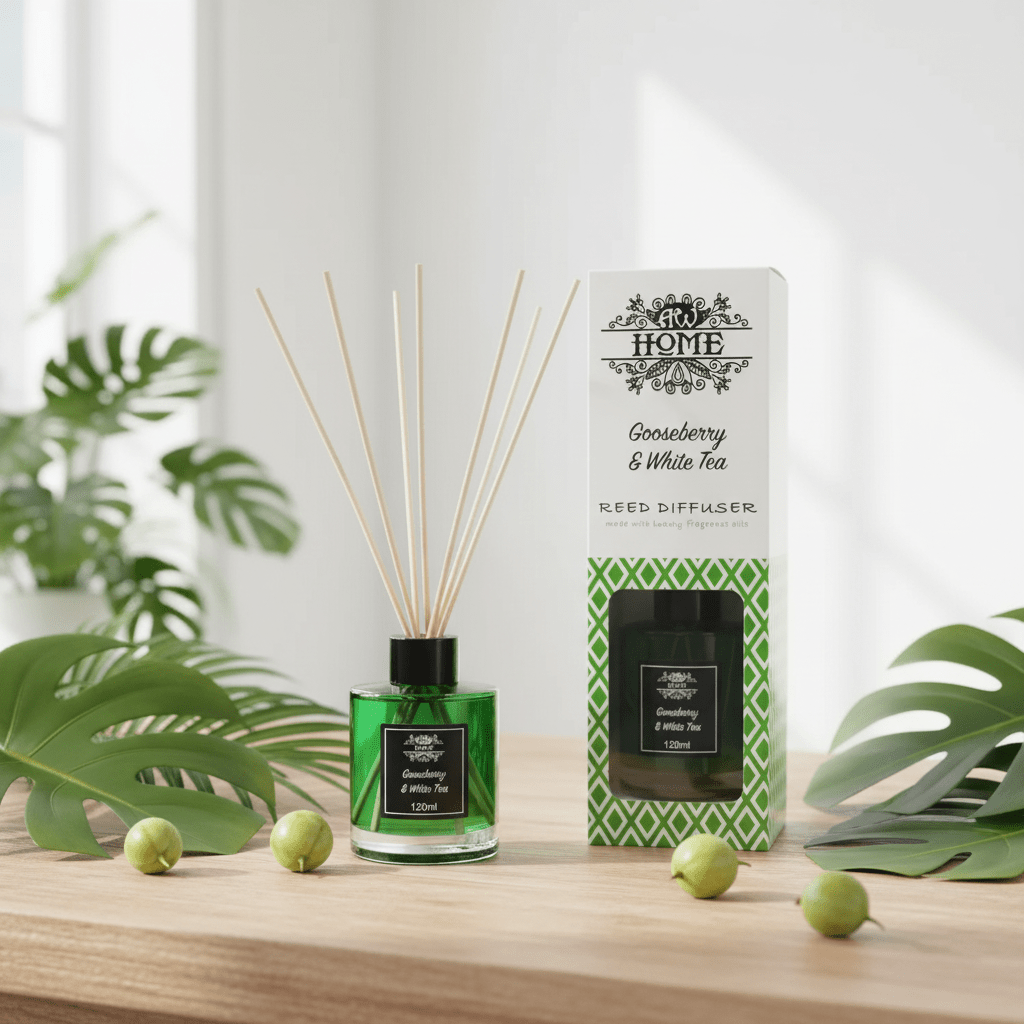 Reed diffuser with packaging on a wooden surface with green leaves in the background