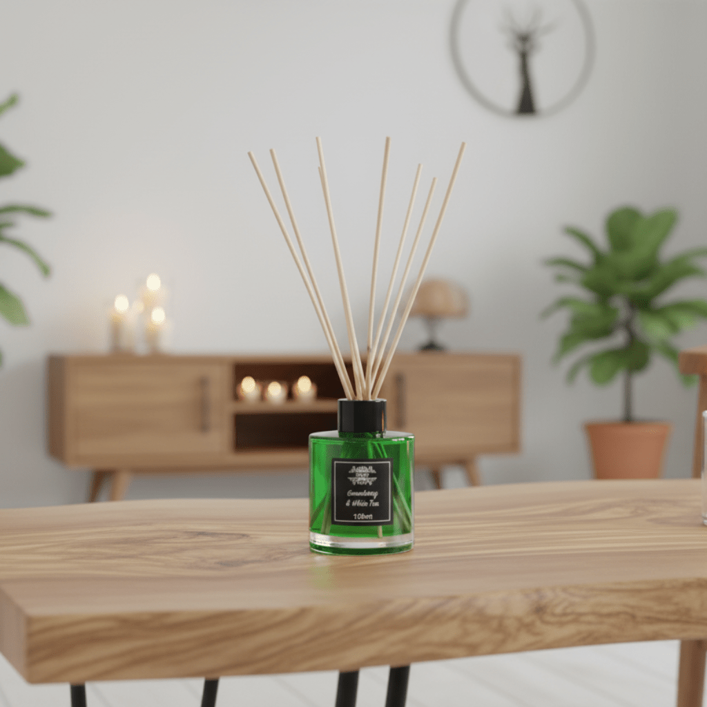Green diffuser bottle with reeds on a wooden table in a room with plants and candles.