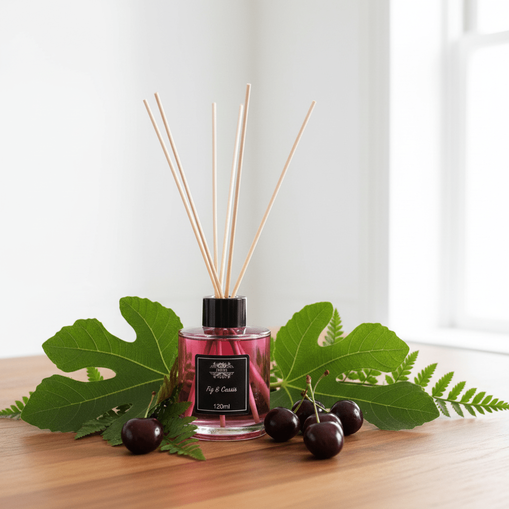 Reed diffuser with wooden sticks on a wooden surface with green leaves and fruits.