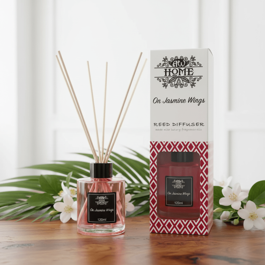 Reed diffuser with packaging labelled 'AW Home' on a wooden surface with flowers and leaves in the background.
