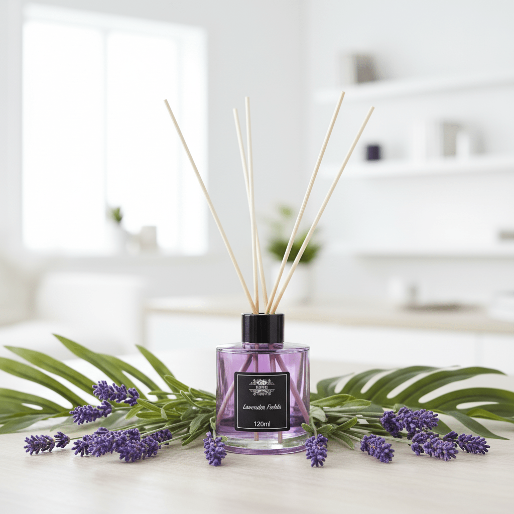 Purple diffuser with wooden sticks on a white surface with lavender flowers and green leaves.