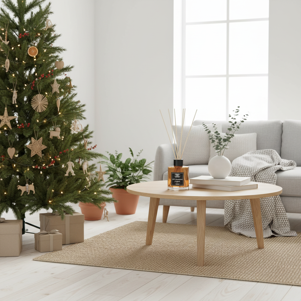 An Aroma Diffuser on a wooden table, a decorated Christmas tree in a living room with a coffee table and sofa.