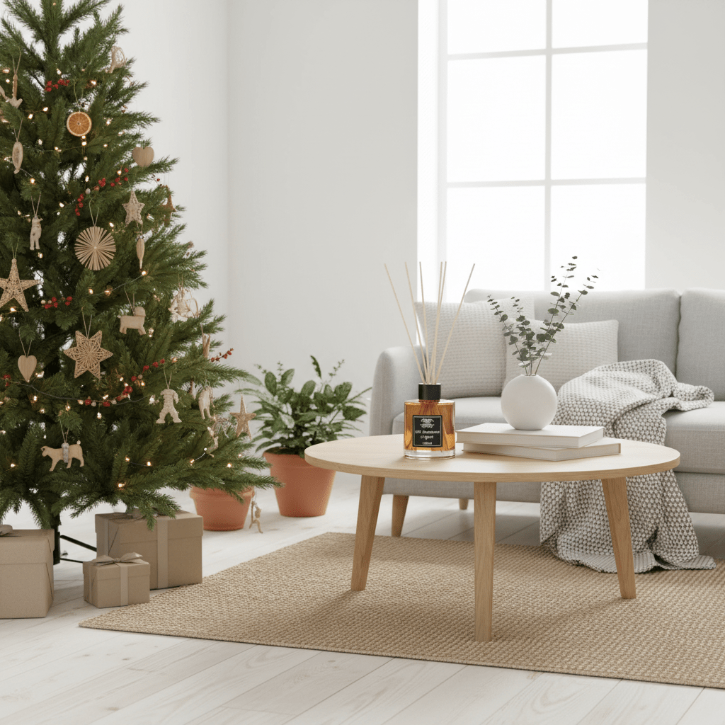 An Aroma Diffuser on a wooden table, a decorated Christmas tree in a living room with a coffee table and sofa.