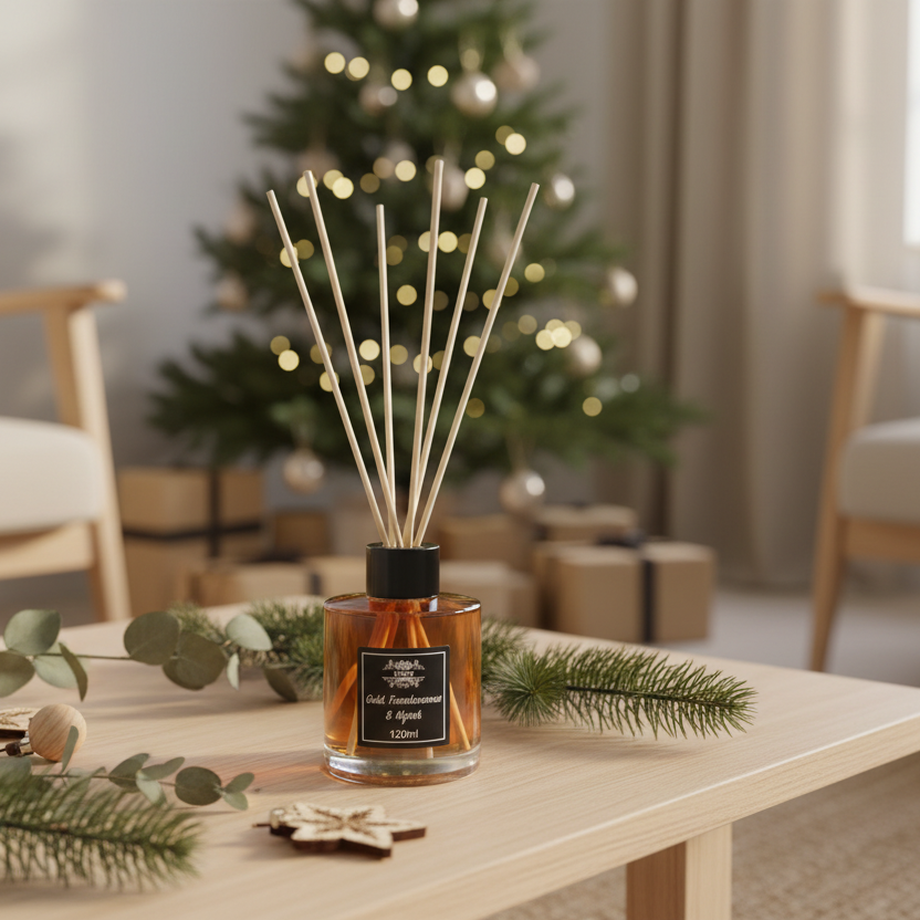 A diffuser with decorative sticks on a table in a cozy living room with a Christmas tree in the background.