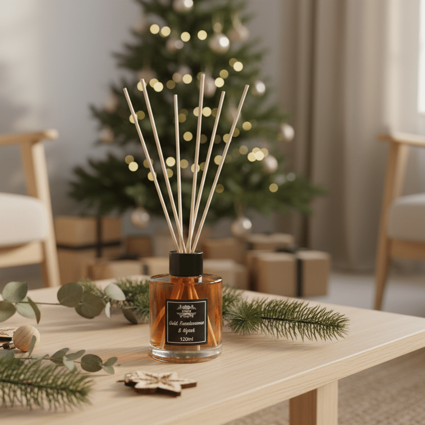 A diffuser with decorative sticks on a table in a cozy living room with a Christmas tree in the background.