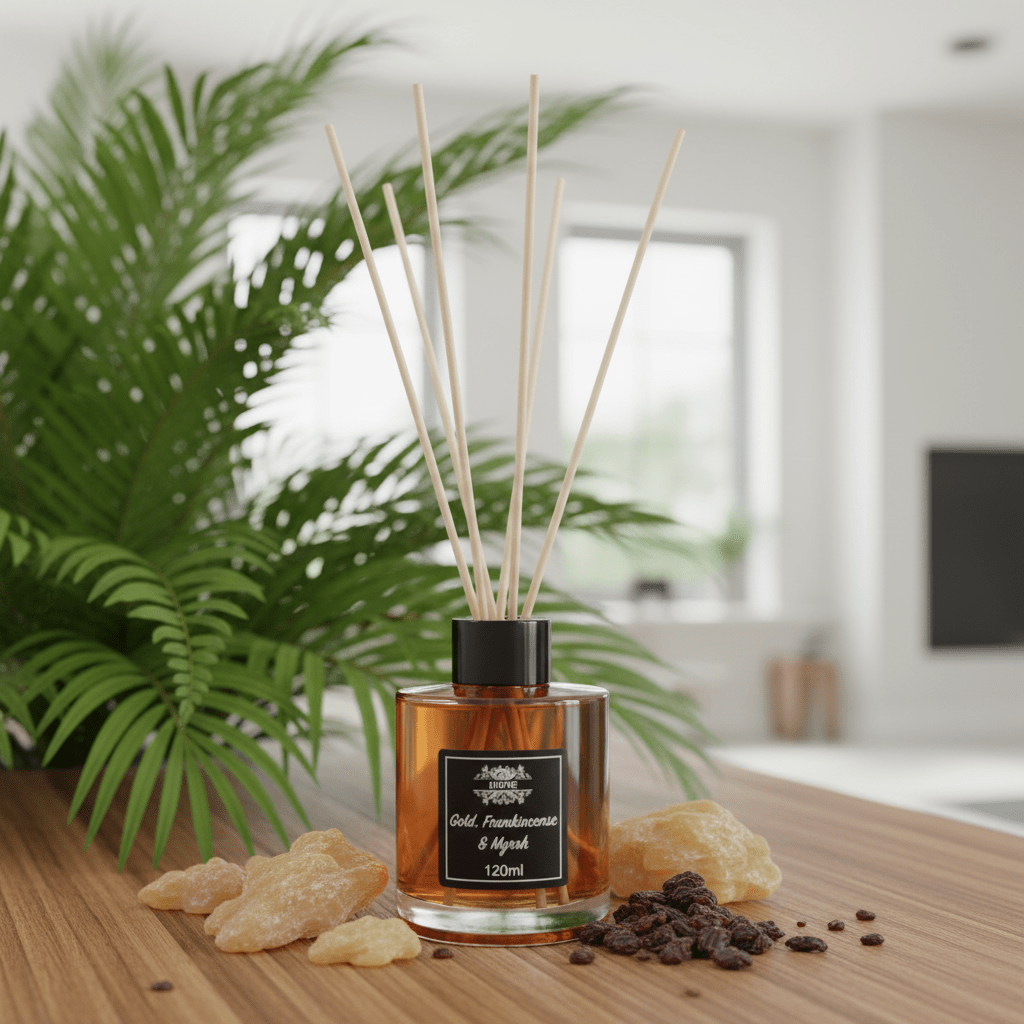 Aromatherapy diffuser with reeds on a wooden surface with plants in the background