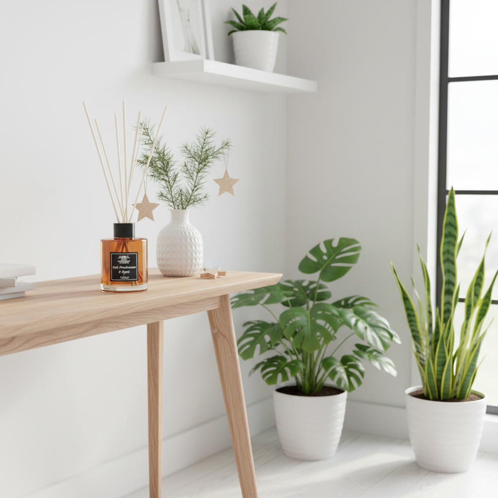 Home interior with a wooden table, potted plants, and a diffuser.