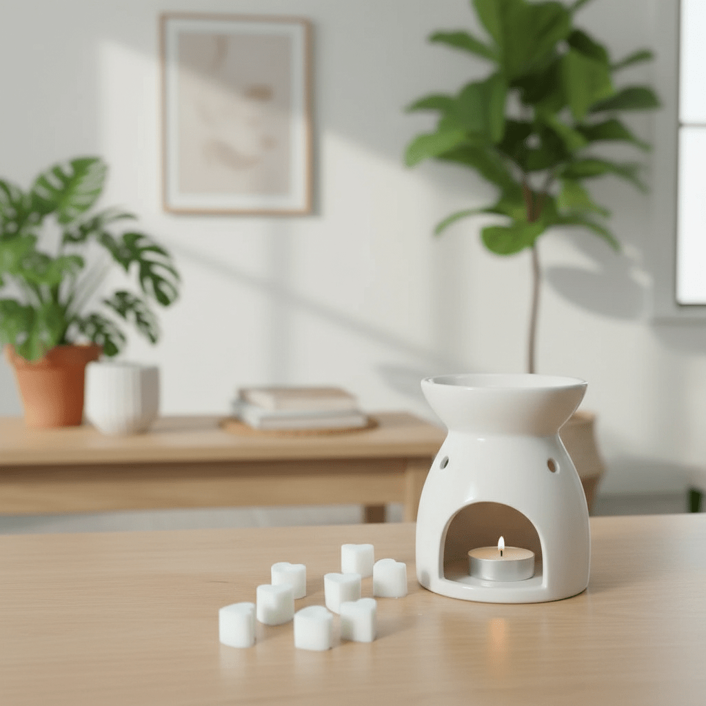 White ceramic wax melt burner with small wax melts on a wooden surface, with plants in the background.