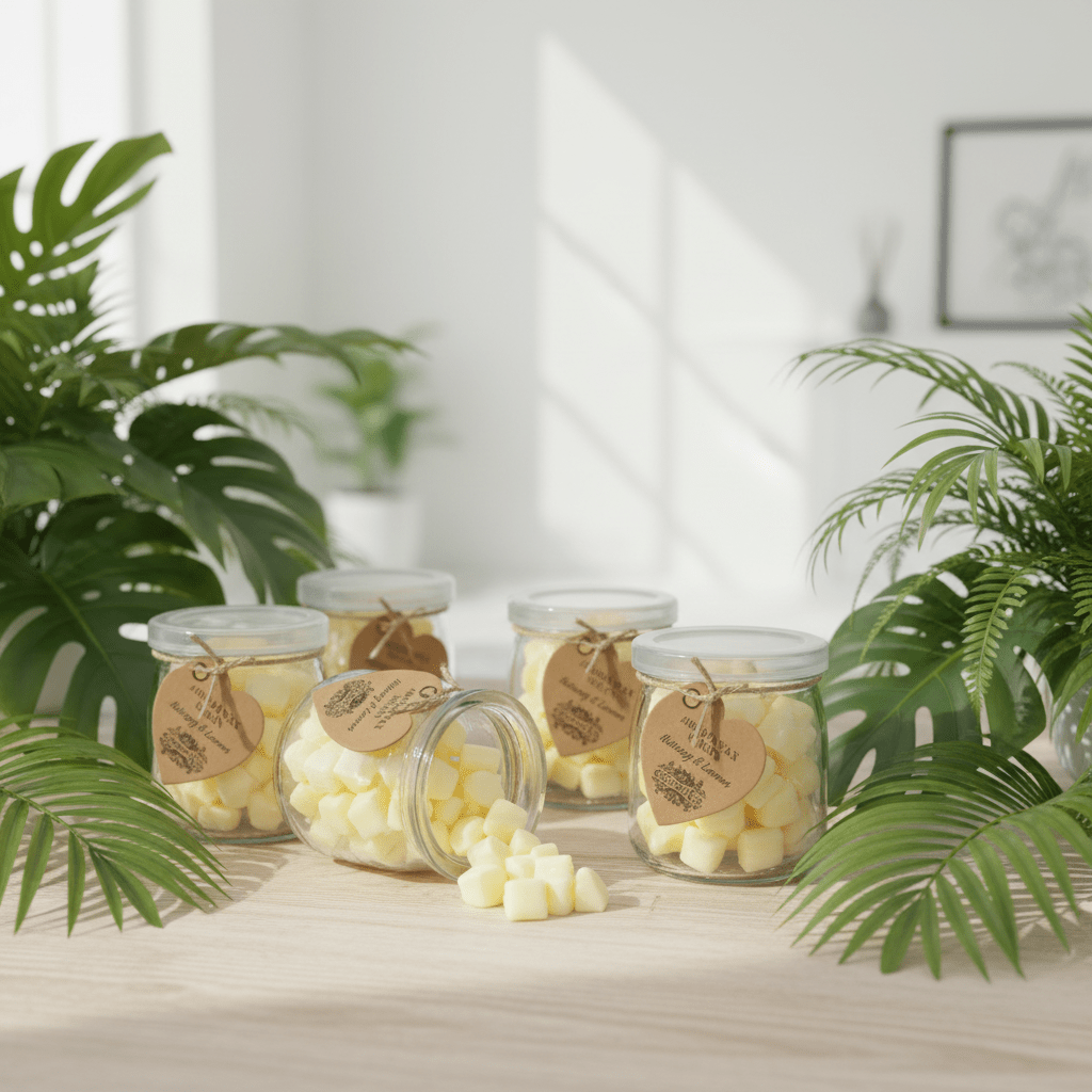 Jars of white wax melts with tags on a wooden surface surrounded by green plants.