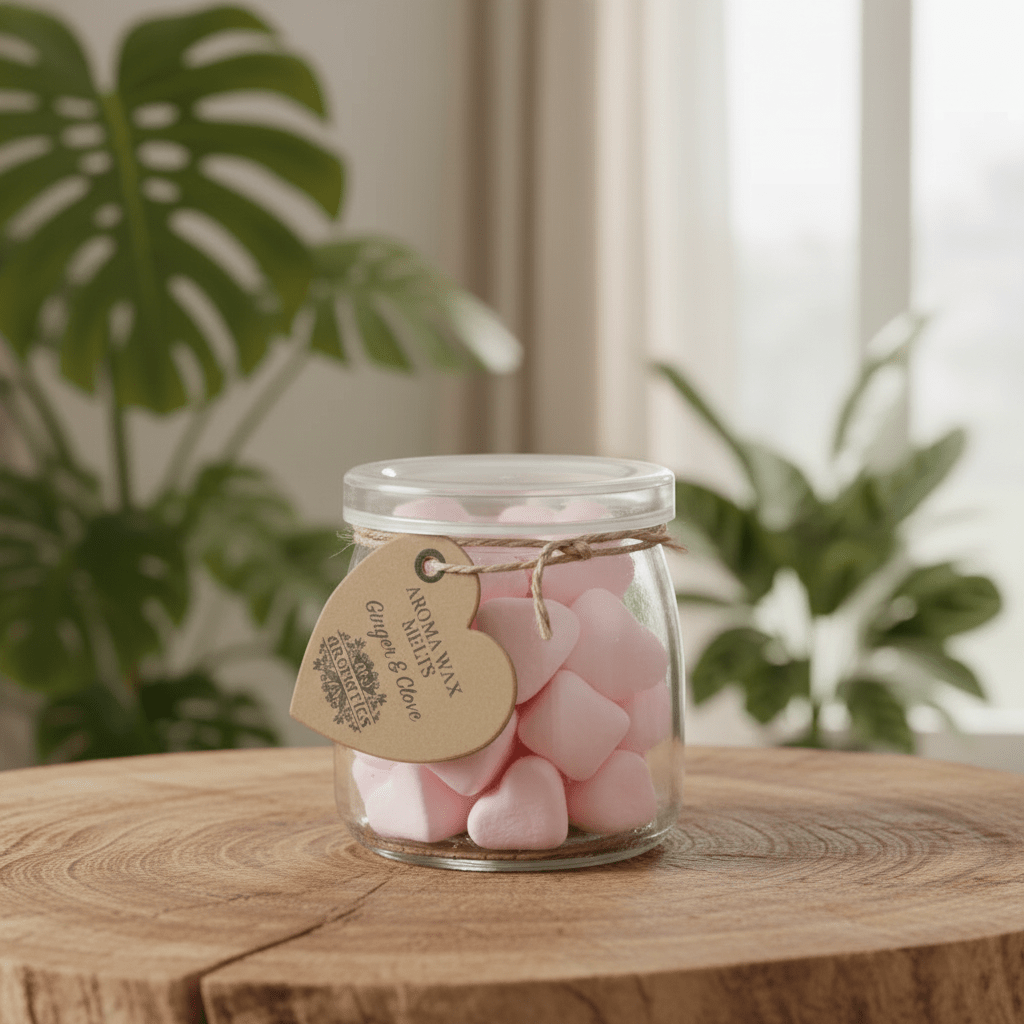 Jar of pink heart-shaped wax melts on a wooden surface with plants in the background