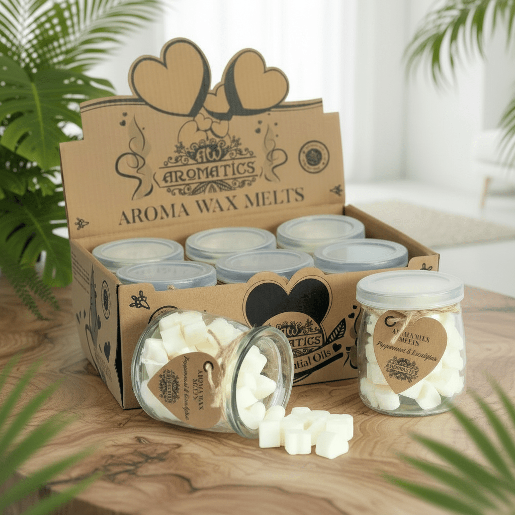 Aromatics Aroma Wax Melts packaging with jars of wax melts on a wooden surface.