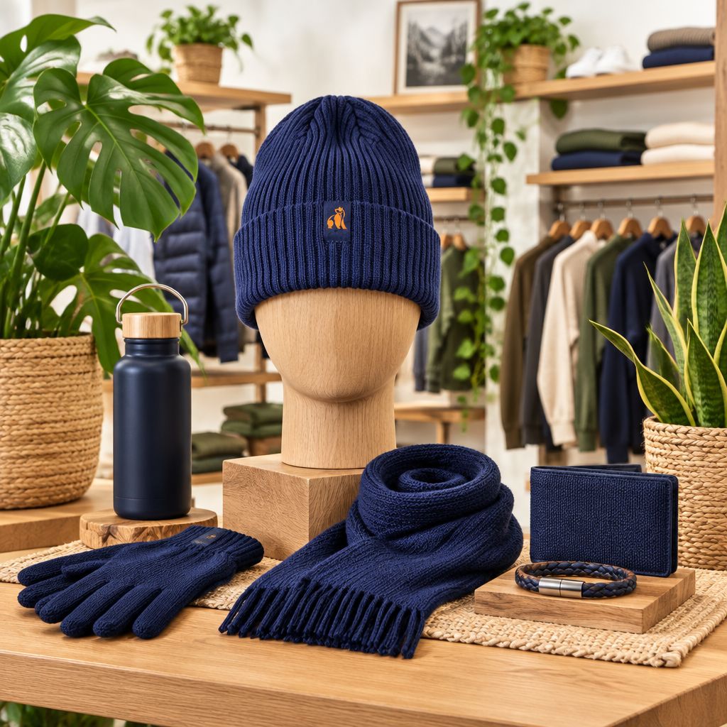 A navy blue knit beanie with a small embroidered panda logo is displayed on a wooden mannequin head in a styled retail setting. Matching navy accessories, including a scarf, gloves, wallet, and bracelet, are arranged on a wooden table alongside potted plants and clothing racks in the background.