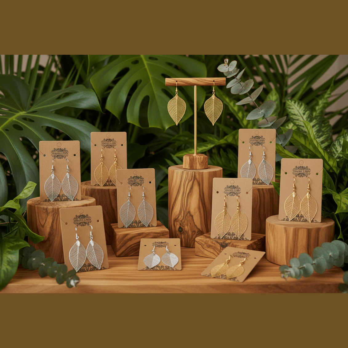 leaf shped earrings on a wooden display stand with exotic green plants