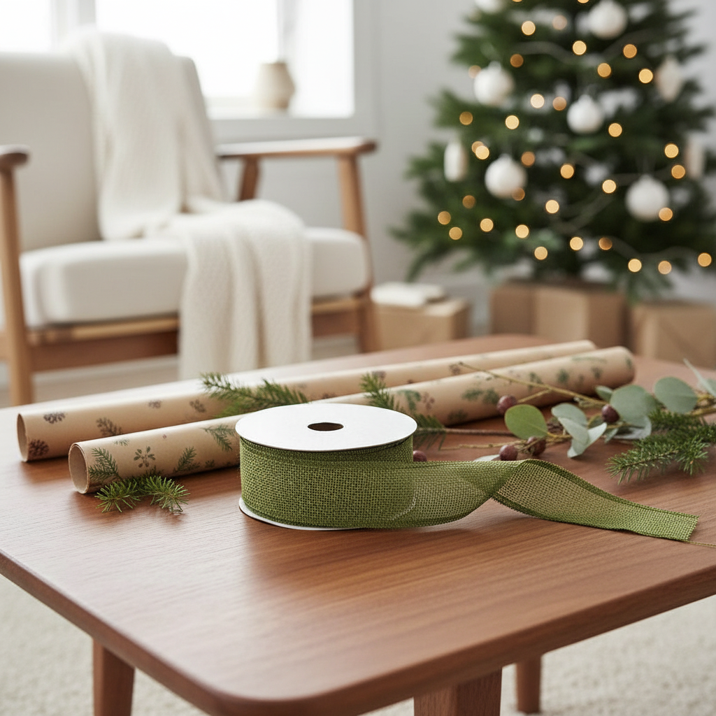 Green ribbon on a wooden table with a decorated Christmas tree in the background