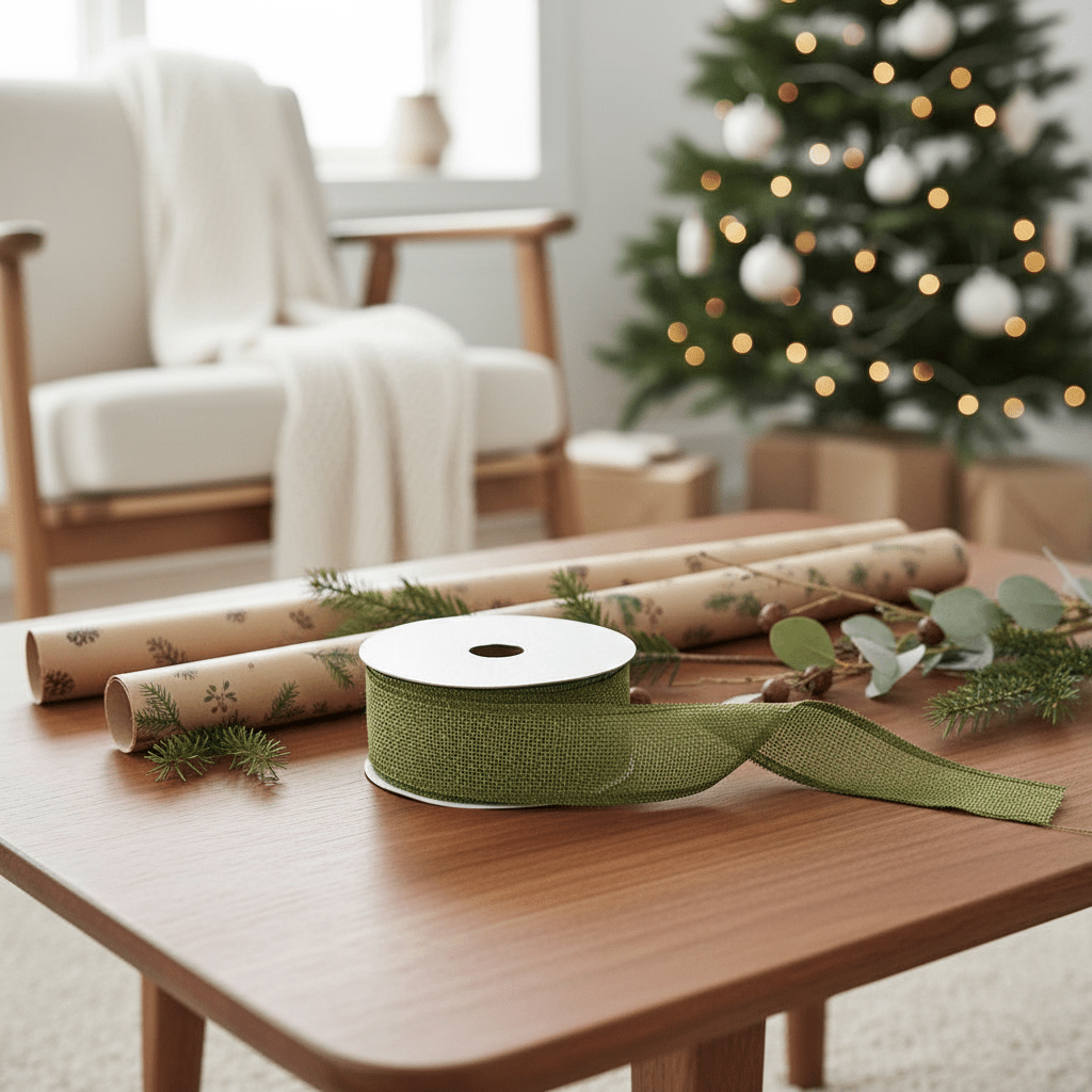 Green ribbon on a wooden table with a decorated Christmas tree in the background