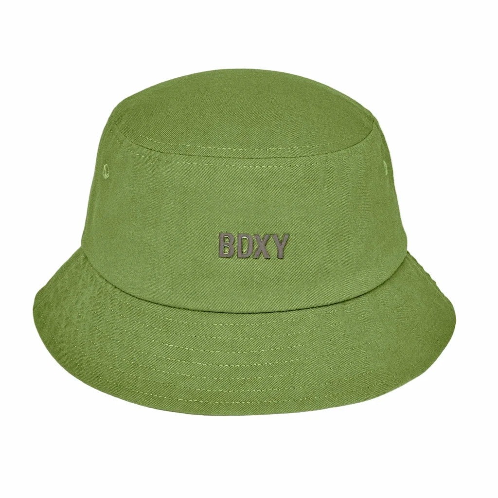 Green bucket hat with 'BDXY' logo on a white background
