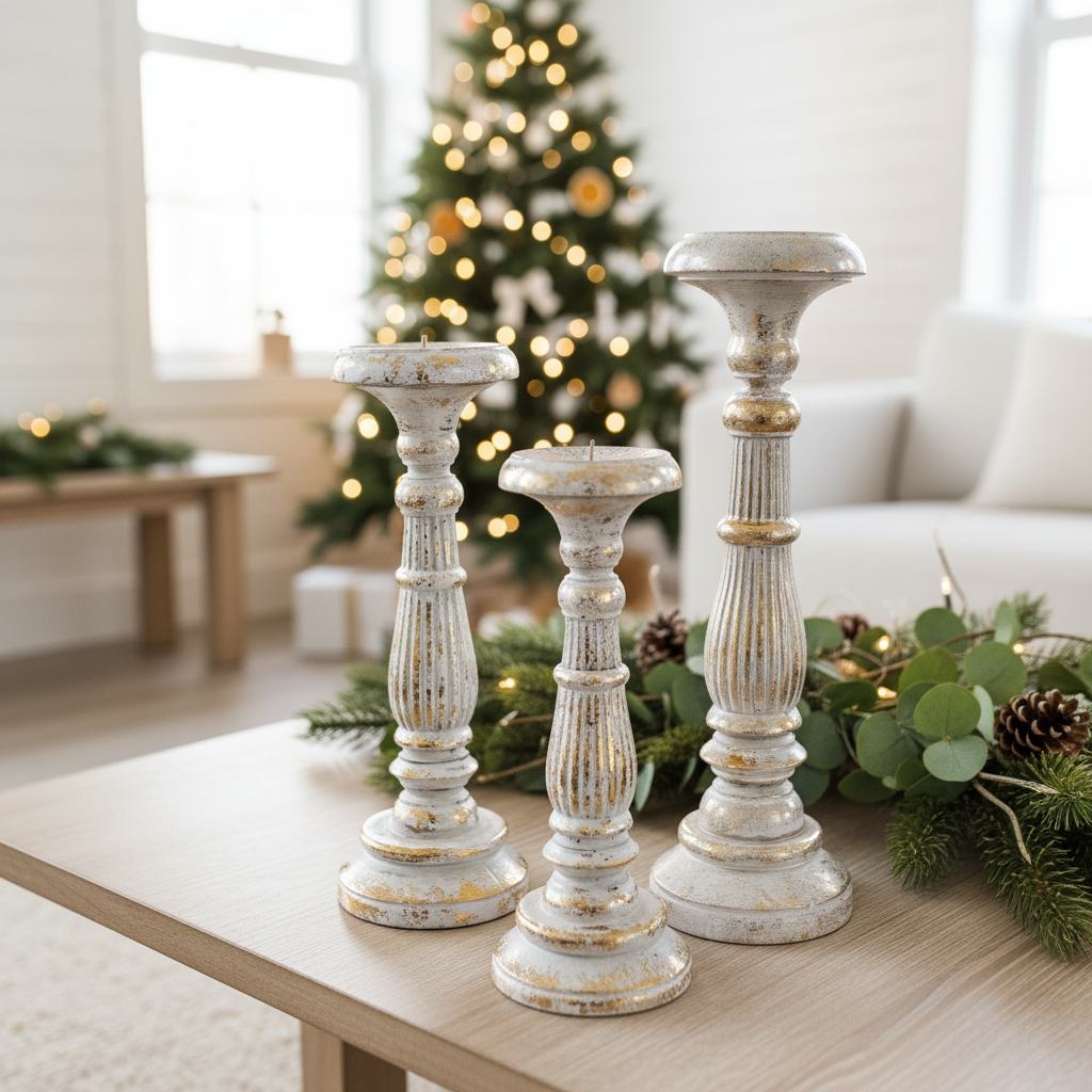 Decorative candlesticks on a table with a Christmas tree in the background