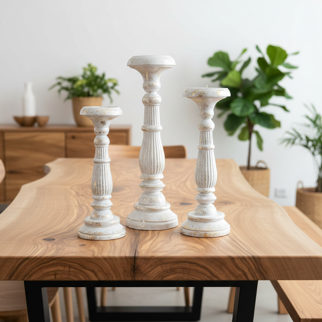 Three white candlesticks on a wooden table with green plants and wooden furniture.