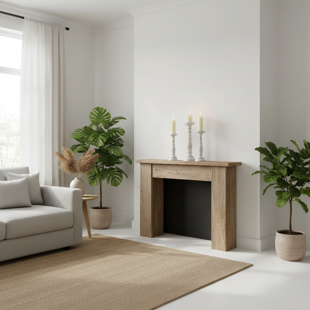White candlesticks on a mantlepiece, a modern living room with a fireplace, plants, and a sofa