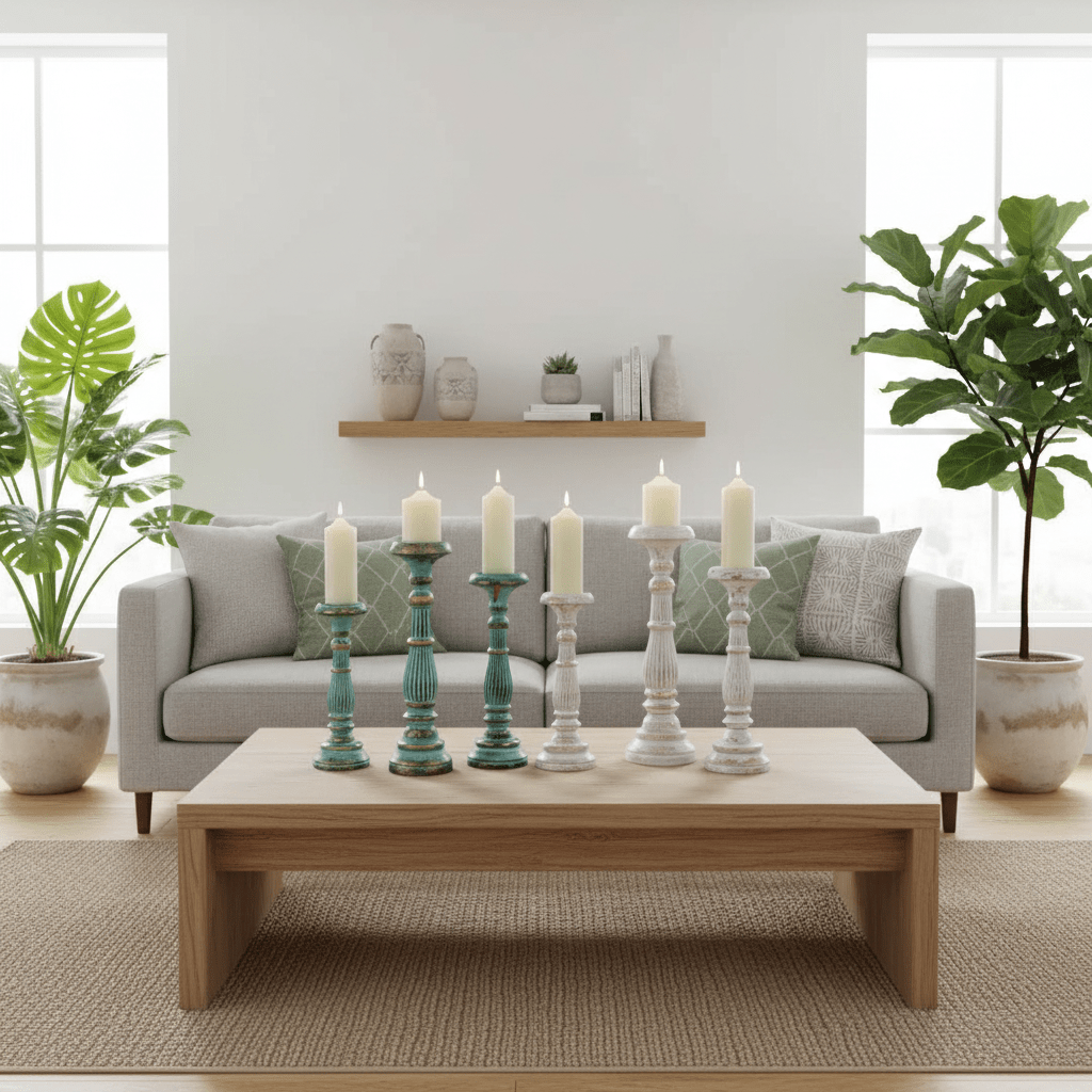 Living room with a gray sofa, wooden coffee table, and decorative candles.