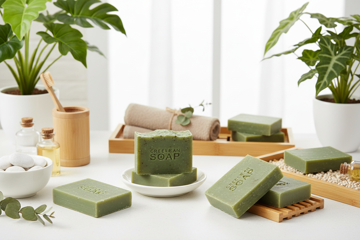 Green soap bars on a wooden tray with plants and natural items in the background