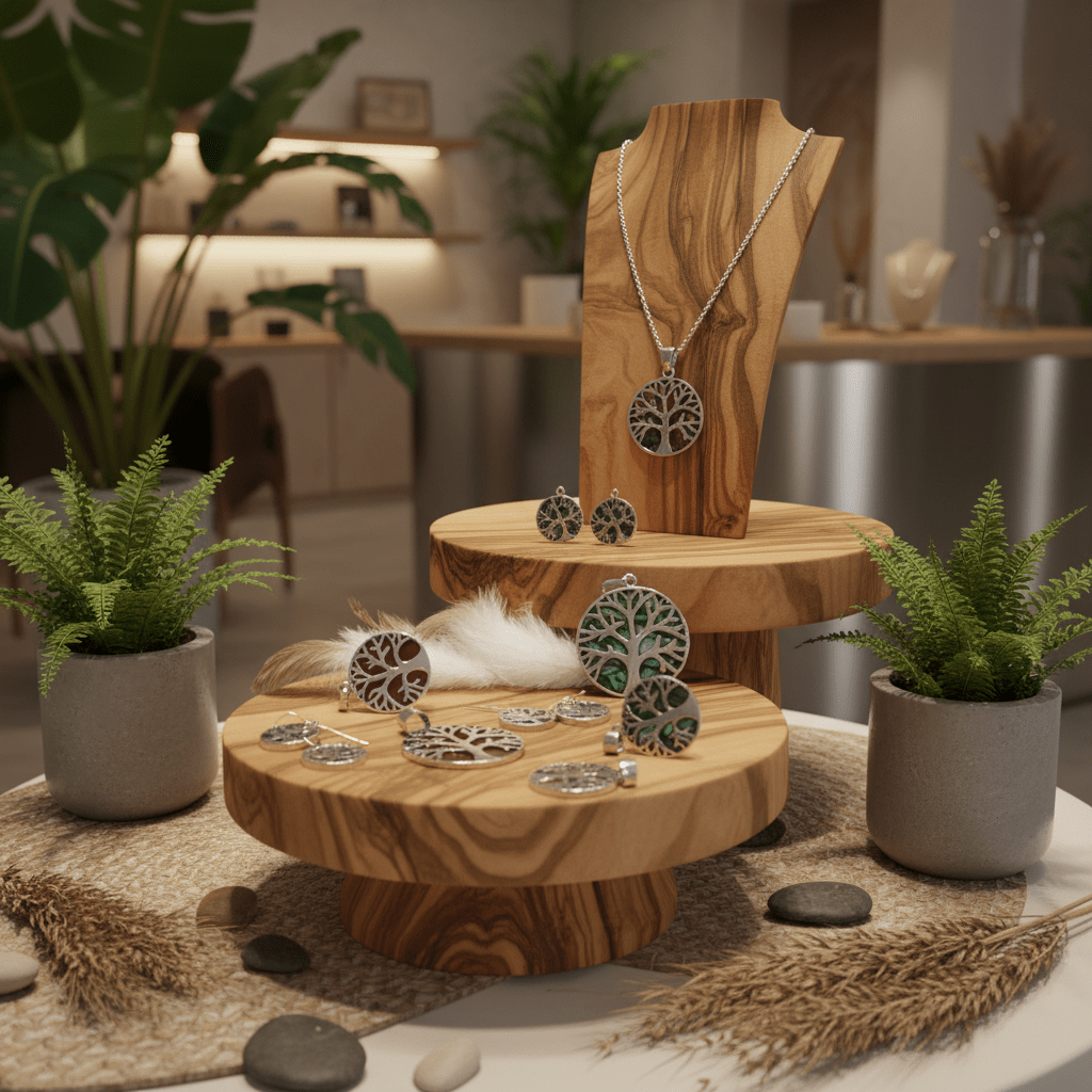 Wooden jewelry display with necklaces and earrings on a wooden stand, surrounded by plants and decor.