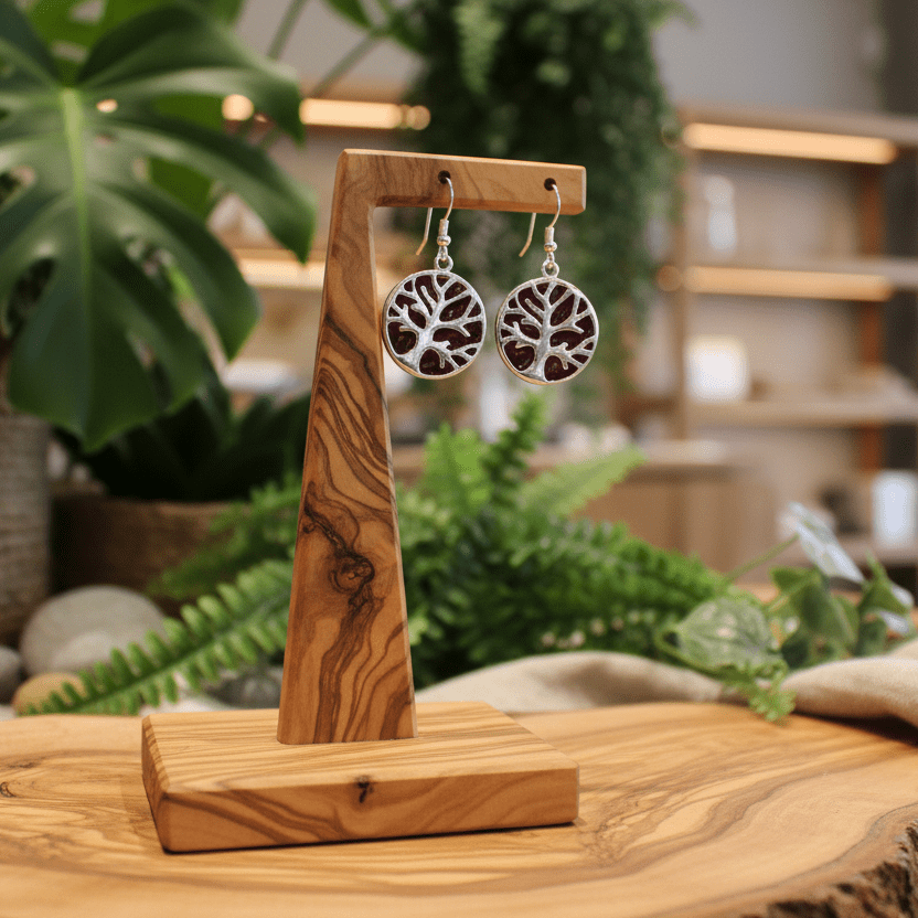 Wooden earring stand with silver earrings on a wooden surface with plants in the background