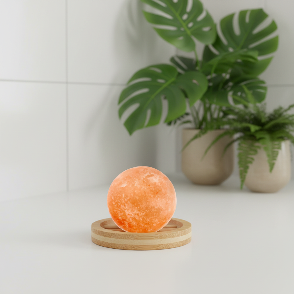 eco-friendly salt deodorant, in a modern white bathroom with exotic plants