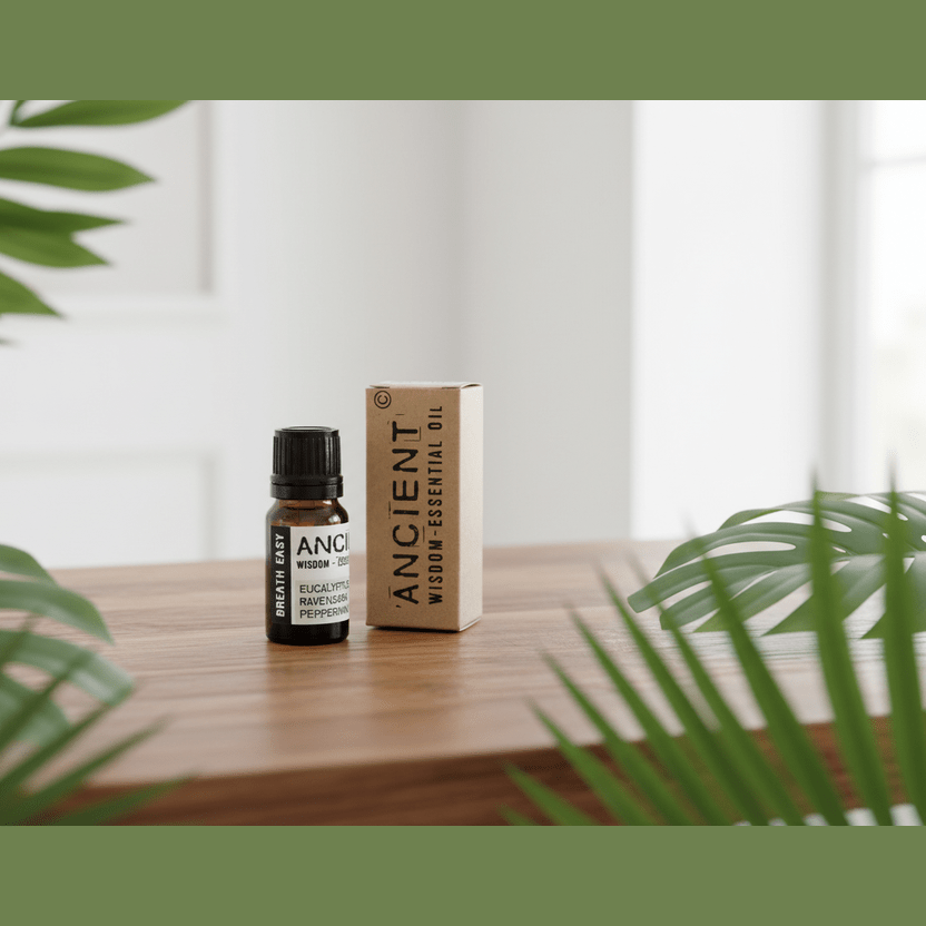 Ancient Wisdom essential oil bottle and box on a wooden surface with green leaves in the foreground.