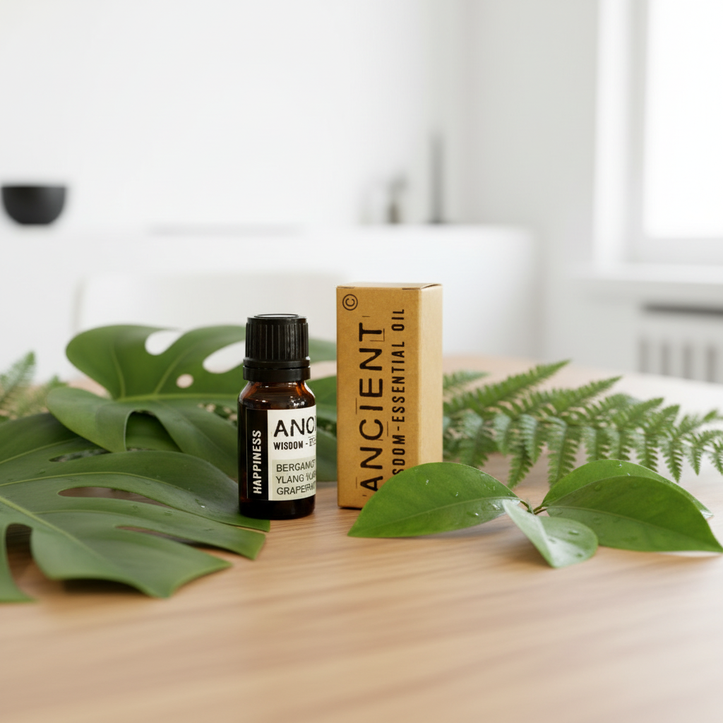 Essential oil bottle and box on a wooden surface with green leaves