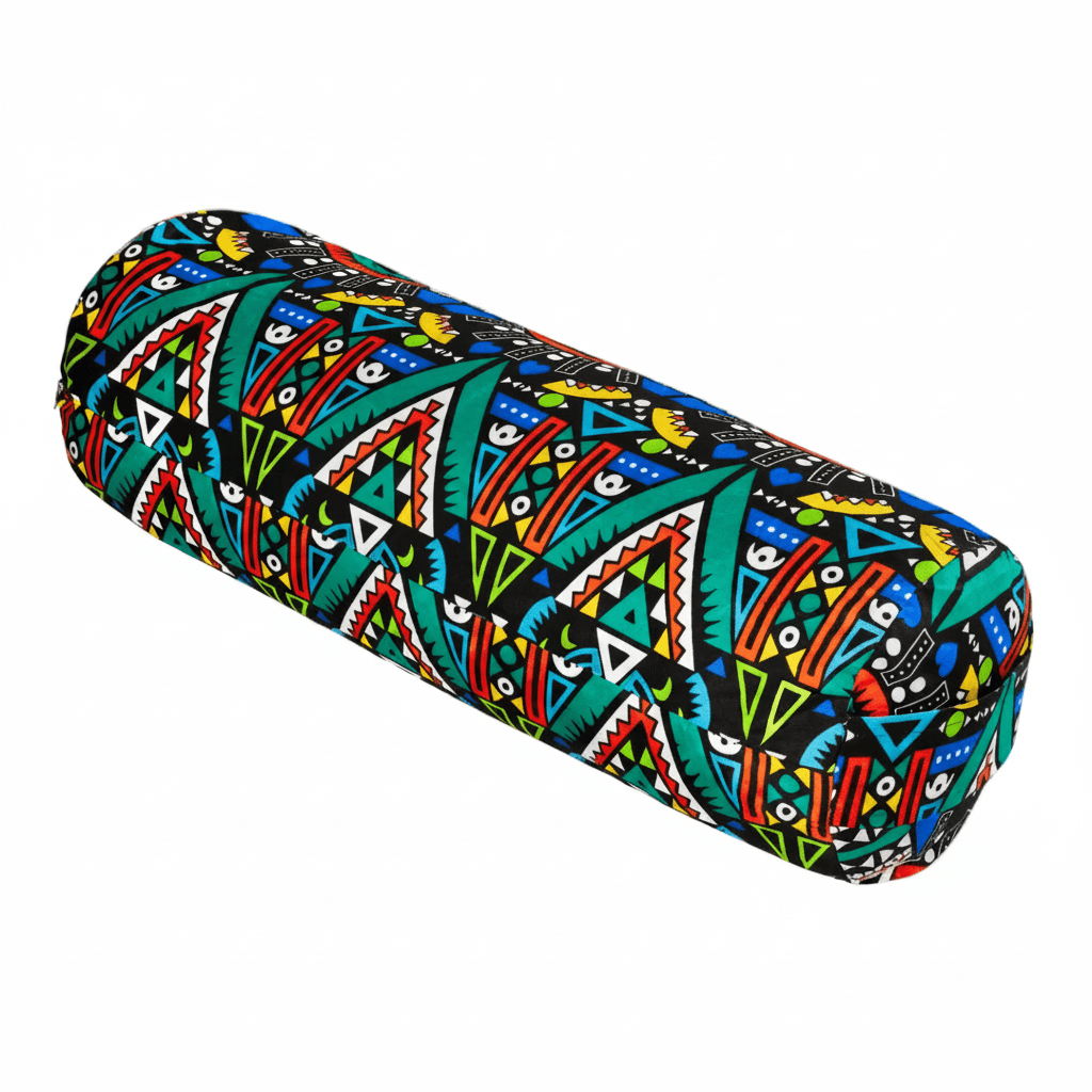 Colourful yoga block with geometric pattern on a white background, featuring 'Om Yoga' brand.