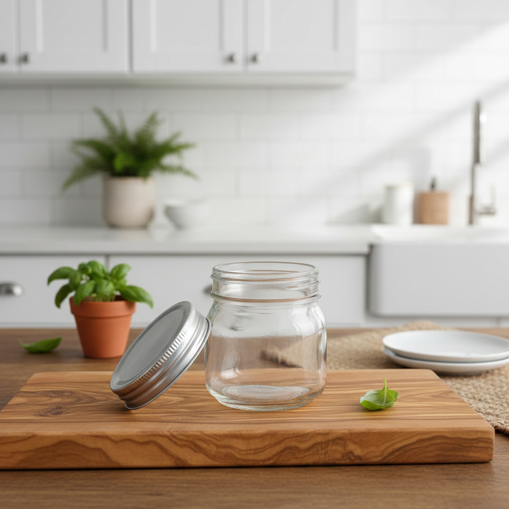Clear glass jar with a silver metal lid on a wooden cutting board in a kitchen setting